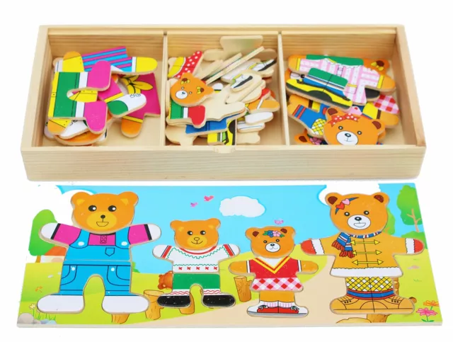 Toys of Wood Oxford Puzzle in Legno - Famiglia di Orsi con Set di Vestiti (T8Q)