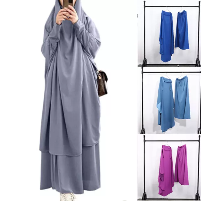 2pcs Muslim Women Khimar Skirt Set Prayer Dress Islamic Jilbab Abaya Kaftan Gown