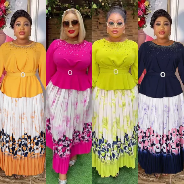 2 Piece Women African Dashiki Long Sleeve Tops Skirt Outfits Plus Size Loose Set