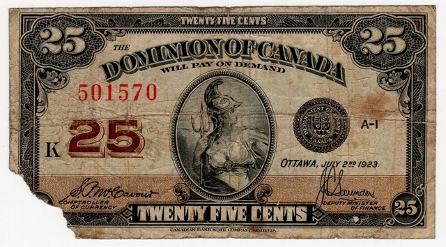 1923 Dominion Of Canada 25 Cent Banknote Shinplaster 501570 Damaged Torn