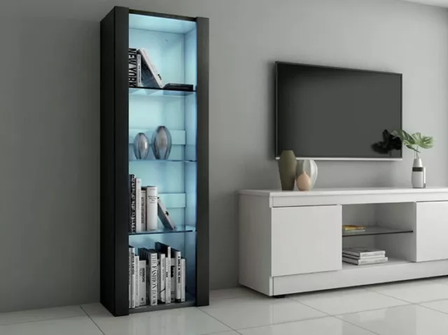 Tall Display Cabinet High Gloss Black Grey White Glass Shelves Furniture 166cm
