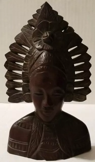 Beautiful Vintage Indonesian Bali Carved Ironwood Flower Goddess Bust Figurine