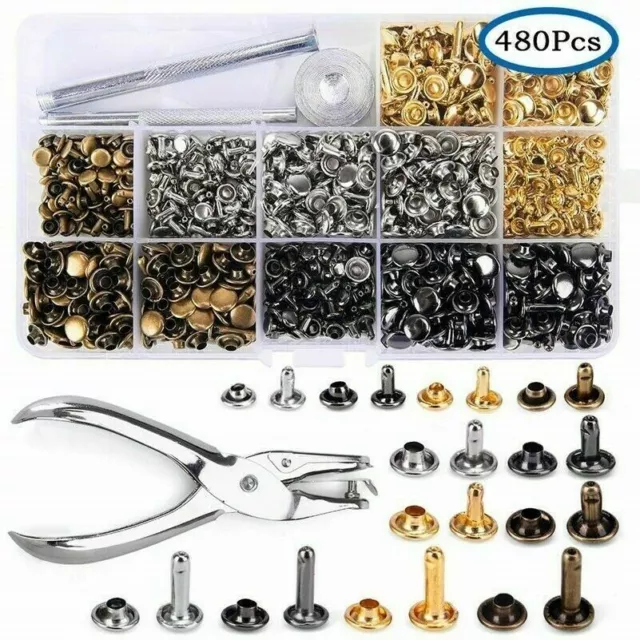 480 Set pelle Rivetti Doppio Cappello Tubolare Borchie in Metallo per Fai