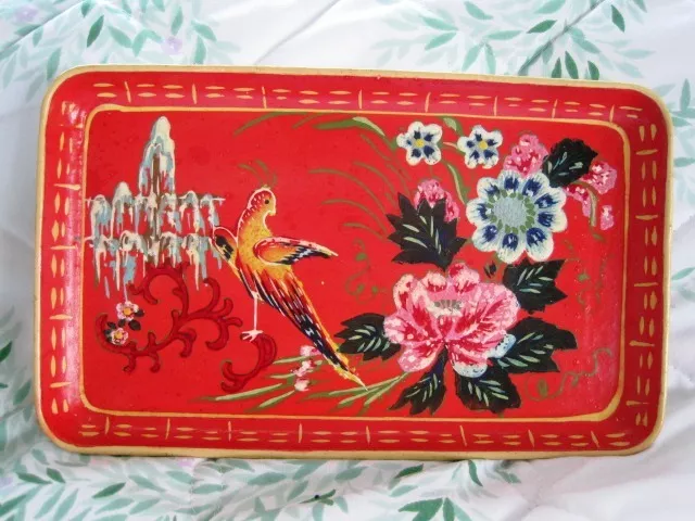 Mint! French Country Farmhouse Red Hand Painted Paper Mache Tole Dresser Tray