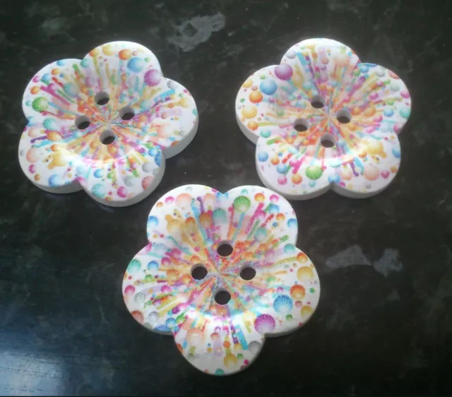 3 Extra Large Flower Shaped Wooden Buttons with Rainbow Bubbles 38mm