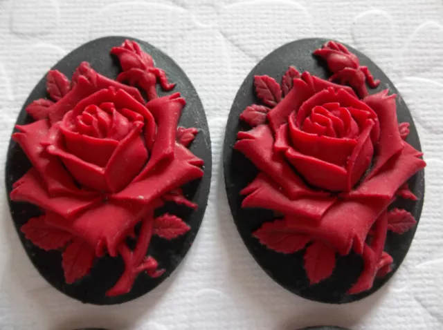 Blooming Red Rose Flower on Black Cameo - 40X30mm Resin Cabochons - Qty 4