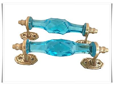 Pair Vntg. Look Brass Sky Blue Victorian Cut Glass Pull Push Door Handle 7"