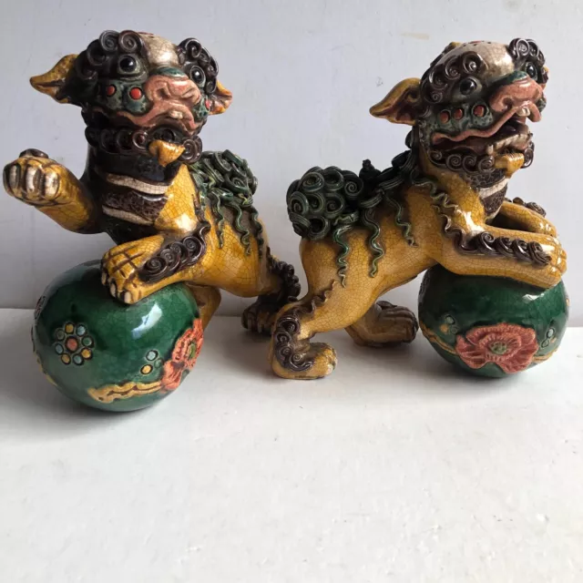 Qing Dynasty Foo Dogs Signed 5 3/4" Tall Good Condition