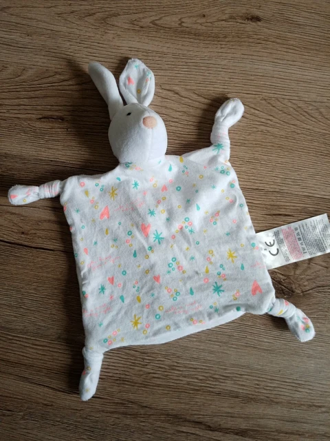 Doudou Plat Lapin Blanc Cœur Orange Fluo Bleu Jaune Z Grain De Blé comme neuf