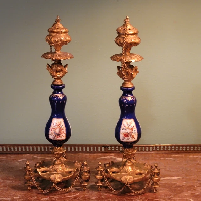 Antique French Napoleon III Gilt Bronze & Porcelain Candlesticks