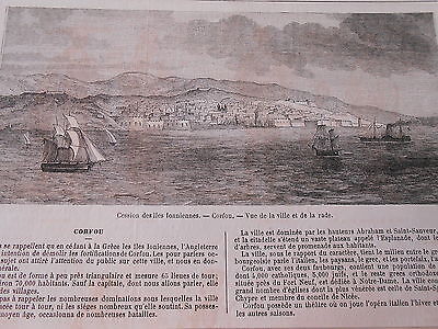 Gravure 1864 - Iles Ionniennes Corfou Vue de la Ville et de la rade