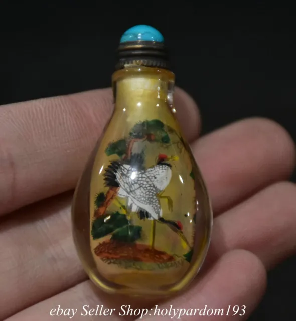 1.8" Old Chinese Glass Inner Painting Tree Cranes Snuff box Snuff bottle