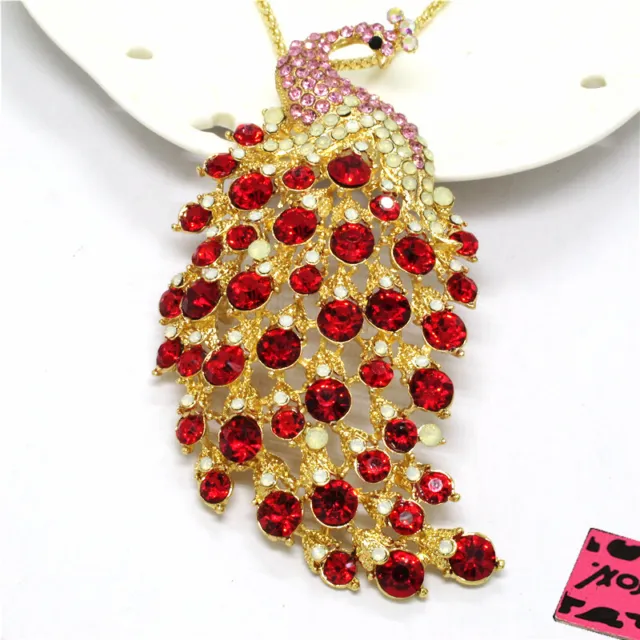 Betsey Johnson Red Rhinestone Cute Peacock Crystal Pendant Chain Necklace