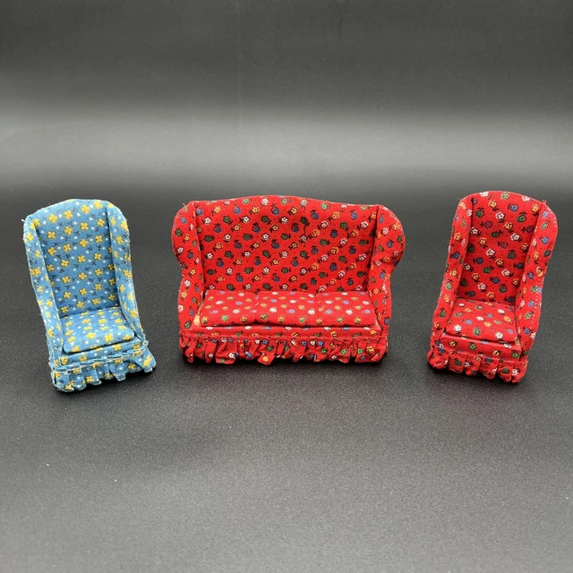 Vintage Doll House Furniture | High-back Couch and Chairs |  Collectible Toy