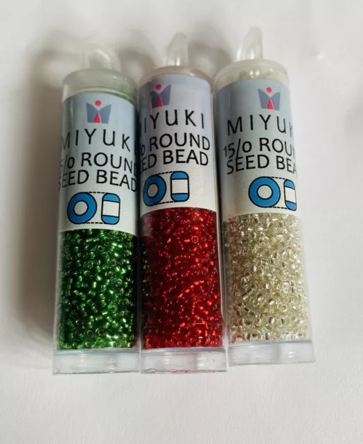 Miyuki Seed Beads Size 15 Christmas Colours Red Green Silver 3 X 8.2grams Tube