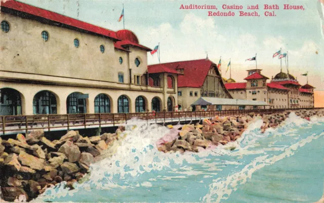 c.1911 Casino Bath House Boardwalk Crashing Waves Redondo Beach Ca. 2T6-391