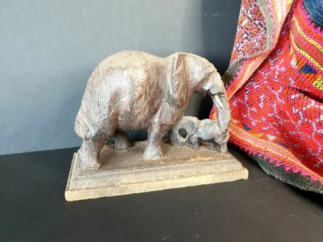 Old Carved Wooden Elephant on Particle Board Base …beautiful aged Patina