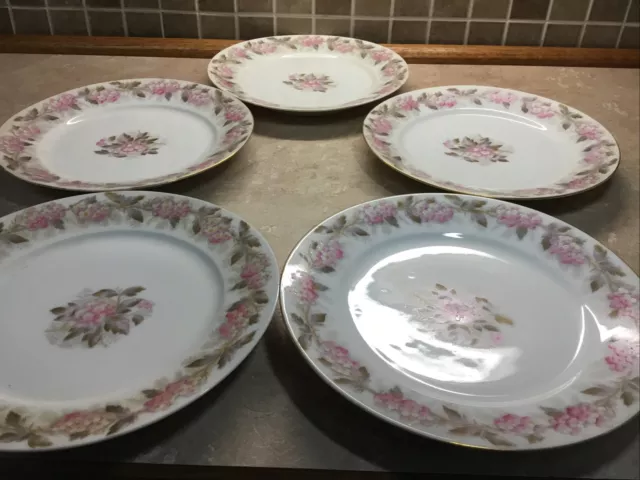 5 Limoges France Elite Works Dinner Plates ~ Pink Flowers  Gold Gilt 9 1/4”