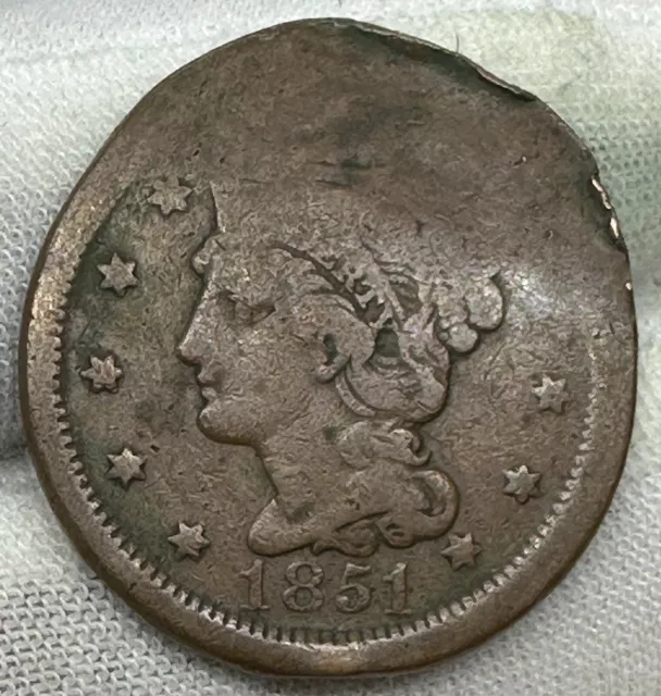 1851 BRAIDED HAIR LARGE CENT UNITED STATES OF AMERICA modified coin US historic