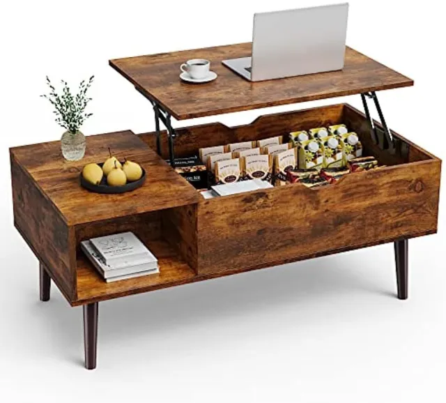 Wood Lift Top Dining Tabletop Home Office Coffee Tea Table with Adjustable Shelf