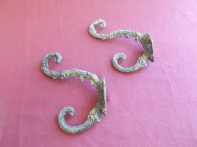 Vintage Pair Brass Coat Hat Hooks Farm House Ornate Wall Mount