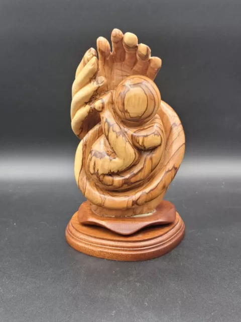 Bethlehem Olive Wood Carved Statue, Abstract "Baby in Hand of God" Art Sculpture
