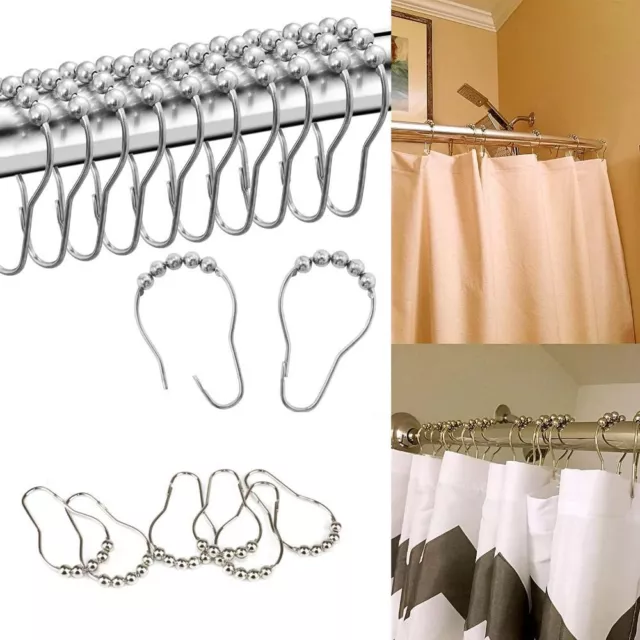 12Pcs/set Silver Rollerball Shower Rings Hooks  Bathroom Accessories