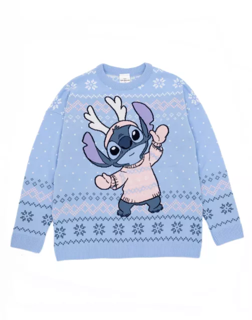 Disney Lilo & Stitch Womens Christmas Jumper | Blue Xmas Knitted Sweater