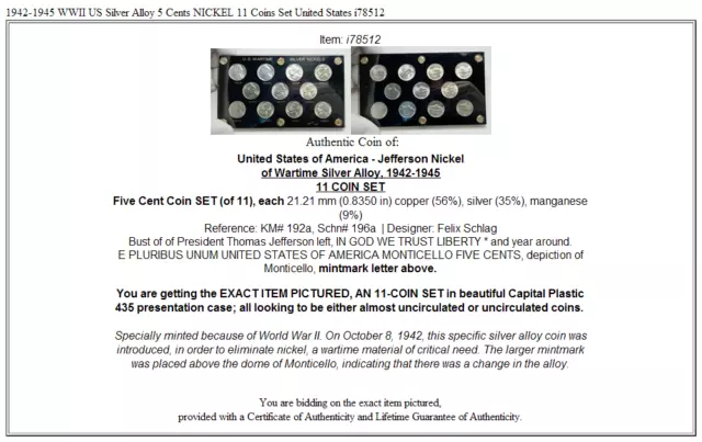 1942-1945 WWII US Silver Alloy 5 Cents NICKEL 11 Coins Set United States  i78512 3