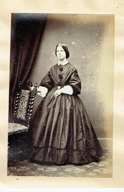 Victorian cdv type photo young woman standing long frock holding back of chair