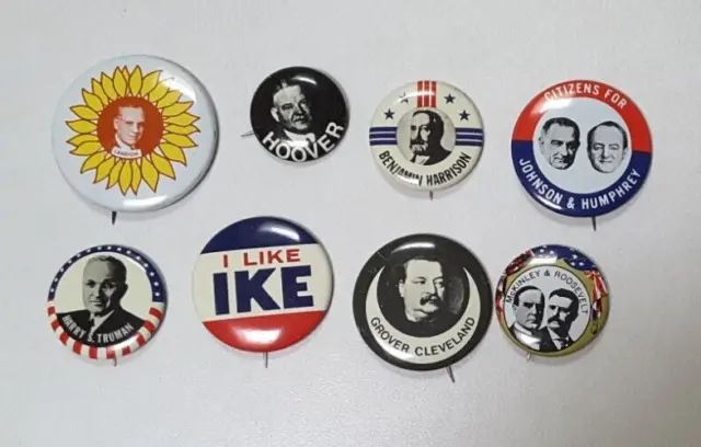 Lot of 8 Repro Metal Presidential Campaign Pins Buttons, Cleveland, Roosevelt