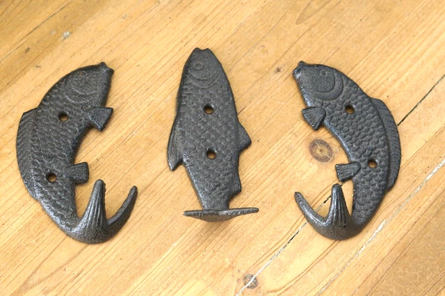 Antique Cast Iron Wall Hooks Rustic Fish Coat Hat Towel Hanging Vintage Set of 3