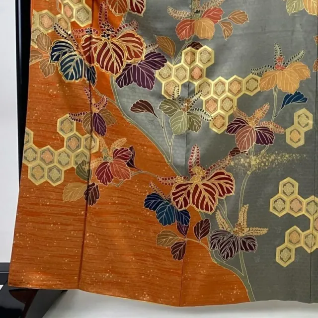 Japanese Kimono Furisode Pure Silk Paulownia Tortoise Shell Gold Thread Orange 3