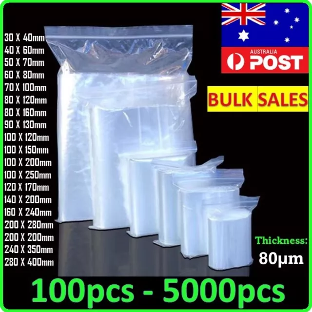 100-5000x Zip Lock Plastic Bags Resealable Zipper Packing HQ AU 20+ Sizes (80μm)