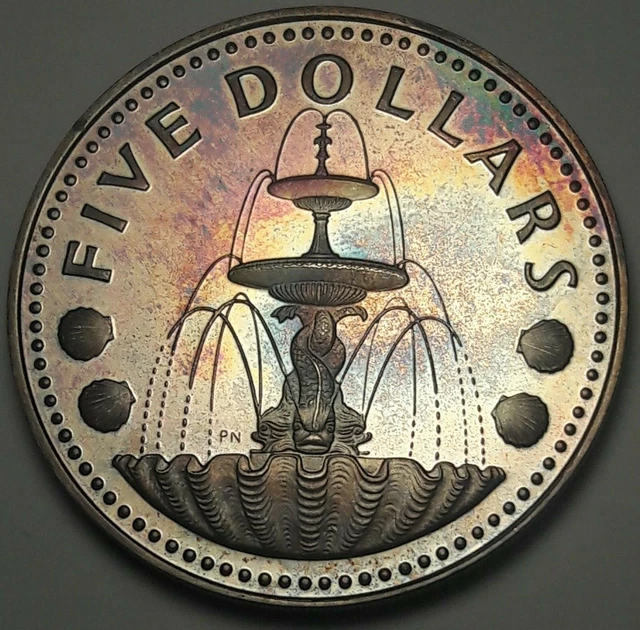 1973-Fm Barbados 5 Five Dollars Silver Proof Rainbow Unc Gem Color Toned (Dr)