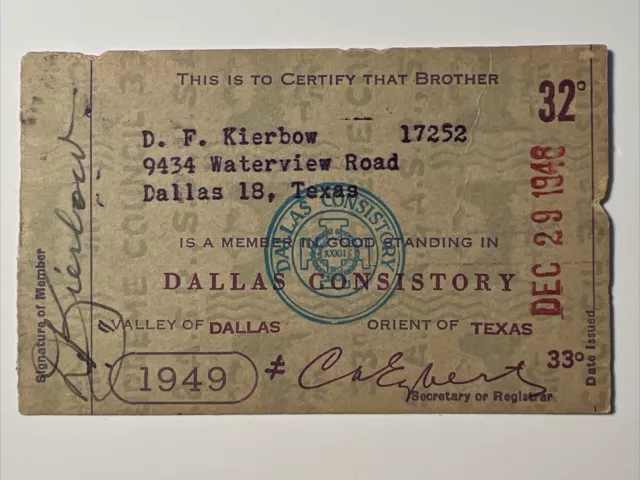 1949 Dallas Consistory TEXAS Member Card Masonic FREEMASONS MEMBERSHIP