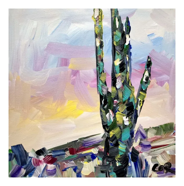 Corbellic Expressionism 12X12 Tall Cactus Flower Desert Landscape Original Art