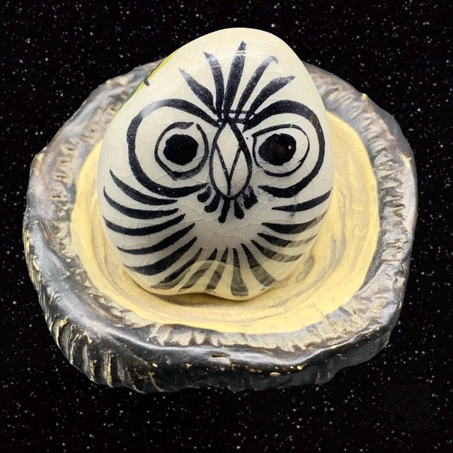 Mexican Folk Art Pottery Mini Owl Tonala Hand Painted With Nest 2”T 2”W
