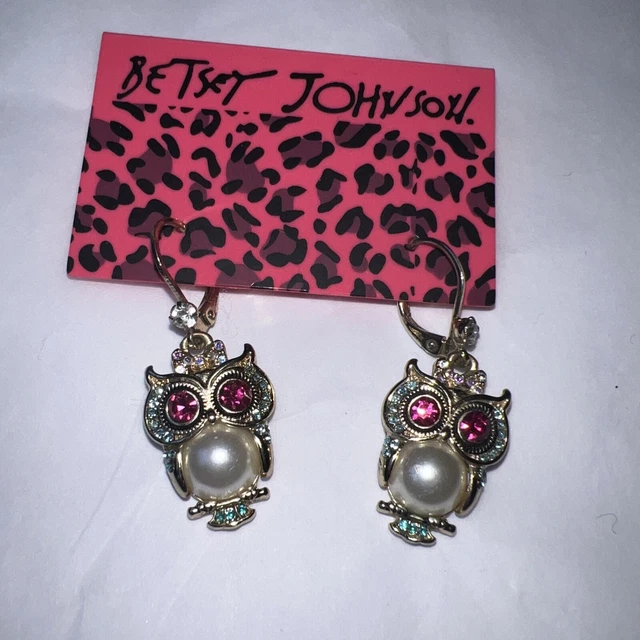 Betsey Johnson Gold Rare Rhinestone Pearl owl Hook drop earrings Fashion Jewelry