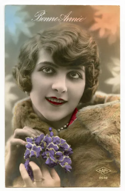 1920s Glamour Pretty young LOVELY FLAPPER tinted French Deco  photo postcard