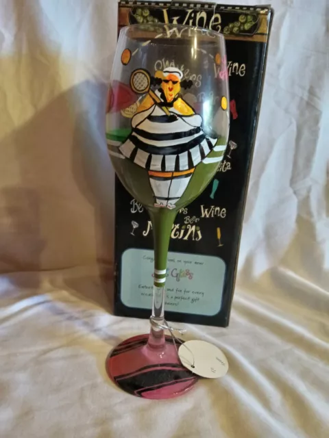 Wine Glass Gift Boxed with a lovely lady Hand Painted for Lovers of Tennis, NEW