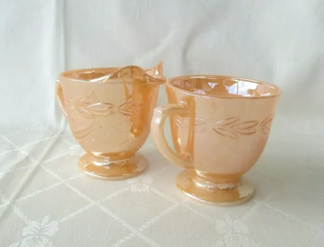 Vintage Fire King Sugar Bowl & Creamer Set *Peach Lustre with Laurel Pattern VGC