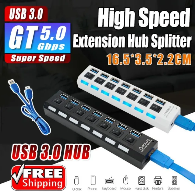 7 Port USB 3.0 High Speed Extension Hub Splitter Extender For PC Laptop MacBook