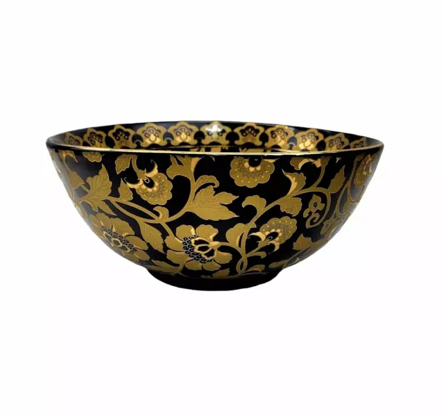 Decorative Chinese Porcelain Bowl Black Gold Tapestry Floral Motif 10" Vintage