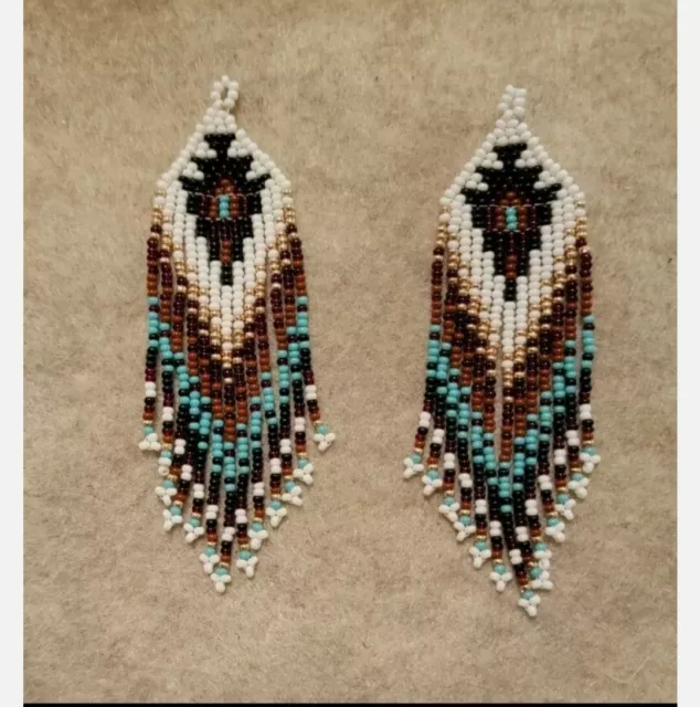 Authentic Native American Indian Made Beaded Earrings Sterling Silver Hooks