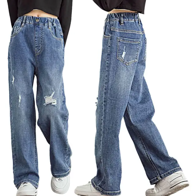 Pantaloni jeans bambini bambina denim vita alta gamba larga dritti per il tempo libero DE