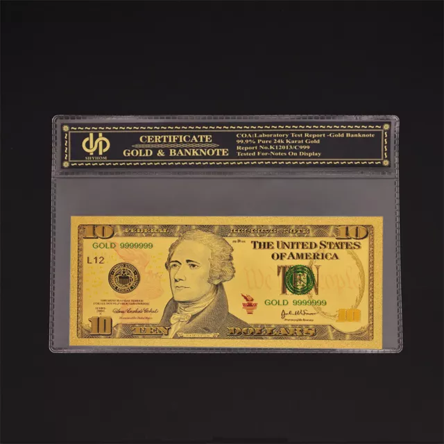 Color Gold Banknote Dollar $10 Bill Currency Unc Money With COA Holder