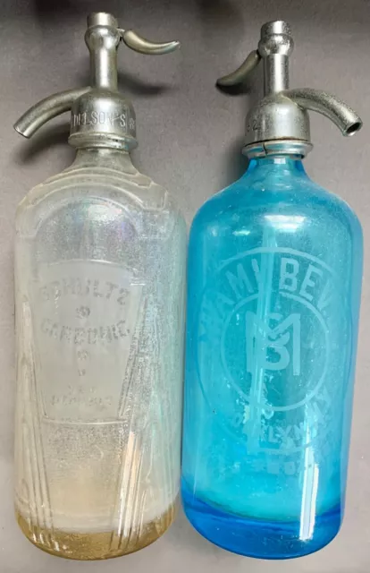 Antique Seltzer Bottles. Inscribed: "Miami Bev. Brooklyn" and "Schultz Carbonic"