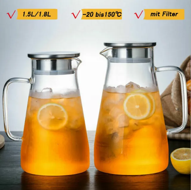 1.5L 1.8L Glaskaraffe Karaffe mit Filter Deckel Saft Wasser Krug Kanne Edelstahl