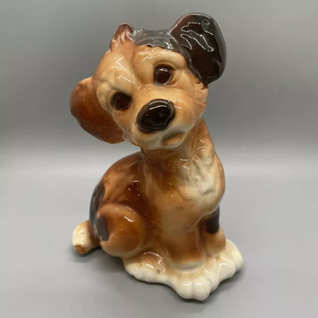 Vtg Royal Copley Ceramic Dog Puppy Figurine Brown & White Terrier Mixed Breed 7"